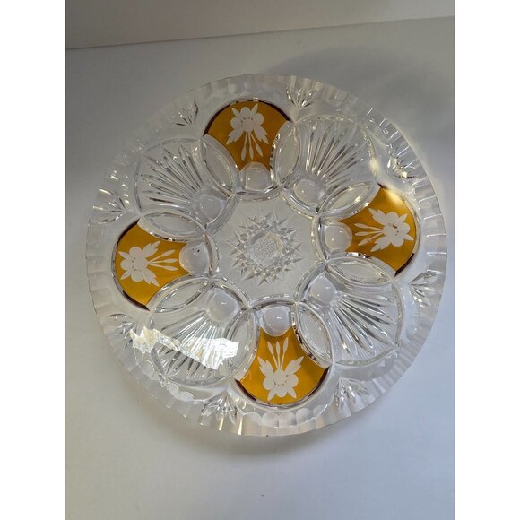 Vintage Bohemian Amber Crystal Glass Serving Bowl Etched Floral - Picture 2 of 6